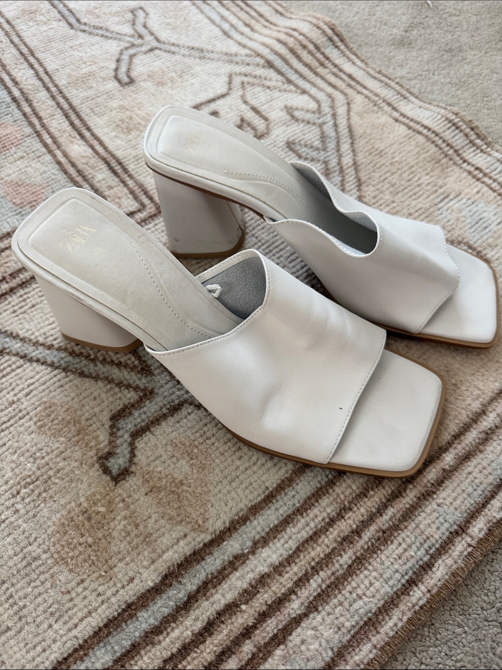White Leather Block Heel Mules